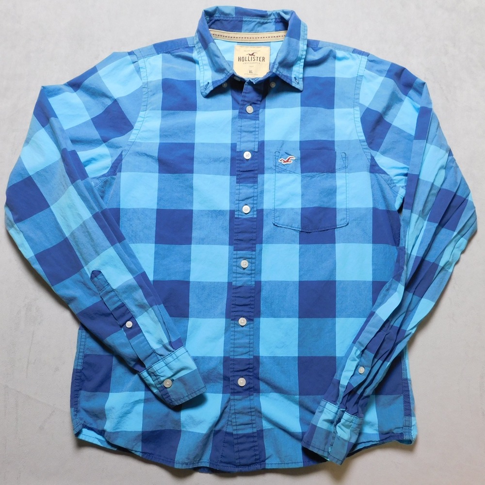 Hollister Mens XL Blue Buffalo Check Plaid Long Sleeve Button Down‎ Cotton Shirt